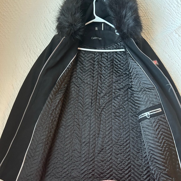 NWT - S Calvin Klein Black Coat with Faux Fur Hood - Picture 4 of 12
